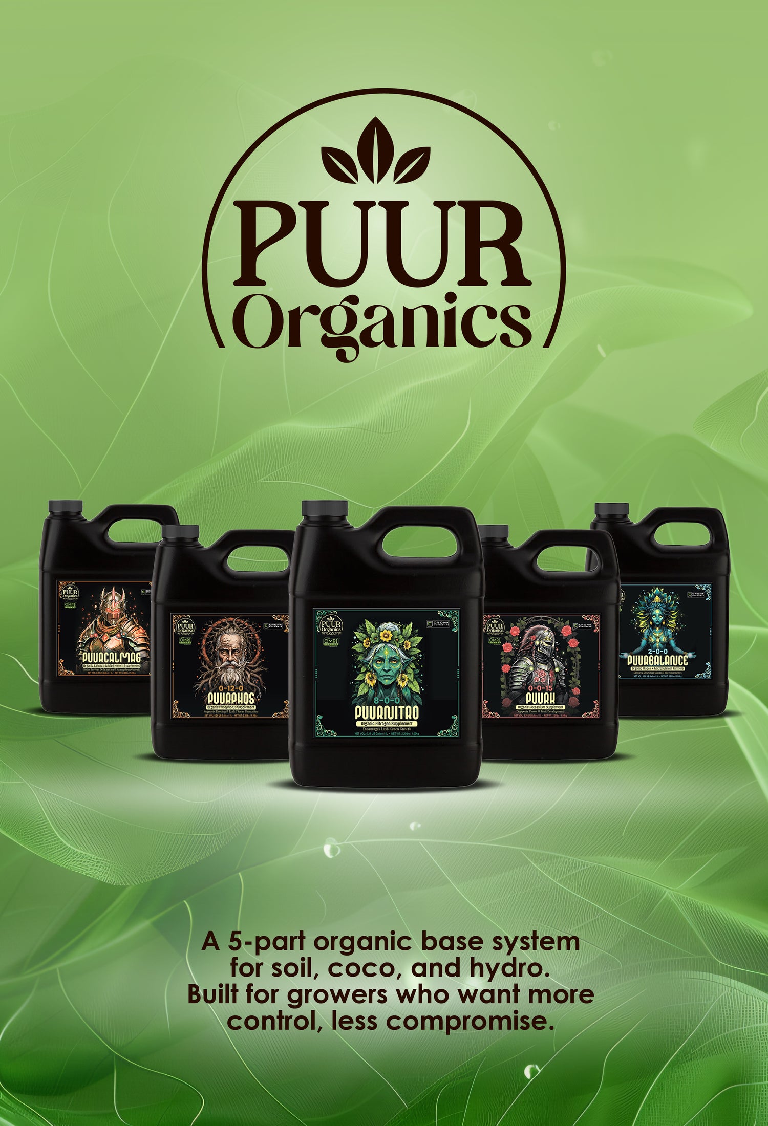 PuurOrganics by Cronk Nutrients – premium organic plant fertilizer and organic plant food system. Mobile banner showing five PuurOrganics bottles – PuurNitro, PuurPhos, PuurCalMag, PuurK and PuurBalance – for soil, coco and hydroponic growers seeking complete liquid organic nutrition and pH-balanced control.